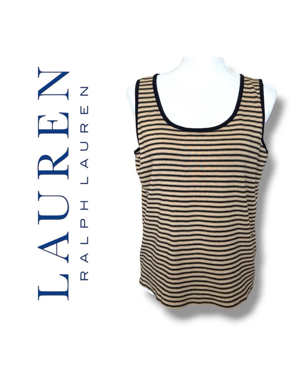 Lauren Ralph Lauren Tan & Black Striped Tank Cotton Nautical Preppy Plus Sz 1X